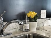 Thumbnail 8 of 14 - a kitchen sink with a vase of yellow flowers next to it