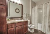 Thumbnail 11 of 18 - Standard Bathroom with Tub - Wood Cabinets  at Overlook at Stone Oak Park Apartments, Texas, 78258