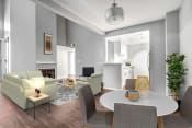 Thumbnail 3 of 33 - a living room with grey walls and a white table and chairs