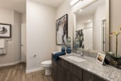 Thumbnail 31 of 44 - large bathroom with granite vanity, large mirror, light kit, and wood-style floor