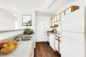 Thumbnail 16 of 28 - kitchen with white appliances and hardwood-style flooring