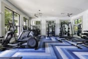 Thumbnail 19 of 39 - a gym with treadmills and other exercise equipment on a blue and white rug