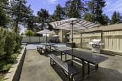 Thumbnail 3 of 18 - Resident Picnic Area with Picnic Tables and Striped Umbrellas at Park 210 Apartment Homes, Edmonds, WA, 98026