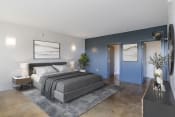Thumbnail 4 of 10 - a bedroom with blue walls and a gray bed