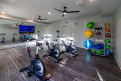 Thumbnail 20 of 30 - a gym with exercise equipment and a tv