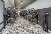 Thumbnail 38 of 48 - a row of bikes parked in a room with black tiles