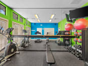 Thumbnail 19 of 29 - a gym with weights and cardio equipment in a room with green and blue walls