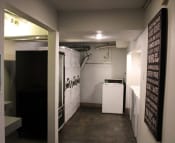 Thumbnail 22 of 28 - Pasadena Brookmore apartments on site laundry room with eight washers and dryers and a black vending machine on concrete floors