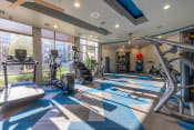 Thumbnail 33 of 53 - a gym with weights and cardio equipment on a blue and white tile floor