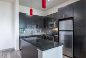 Thumbnail 53 of 53 - a kitchen with stainless steel appliances and black cabinets