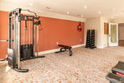 Thumbnail 3 of 25 - a home gym with a red wall and exercise equipment