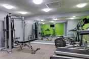 Thumbnail 23 of 26 - a gym with weights and other equipment in a room with green walls