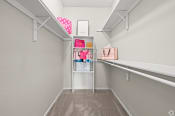 Thumbnail 44 of 52 - a walk in closet with shelves and a shelf with a pink bag on it
