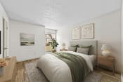 Thumbnail 33 of 58 - a bedroom with white walls and a green bedspread  at Vesper, Dallas, TX