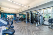 Thumbnail 39 of 55 - a gym with cardio machines and weights in a building with large windows