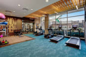 Thumbnail 18 of 30 - a gym with cardio equipment and a large window