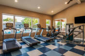 Thumbnail 18 of 26 - a gym with cardio equipment and a large window with a view of the pool