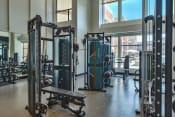 Thumbnail 63 of 75 - indoor gym with free weights, benches, and cable machines at The Apex at CityPlace, Overland Park