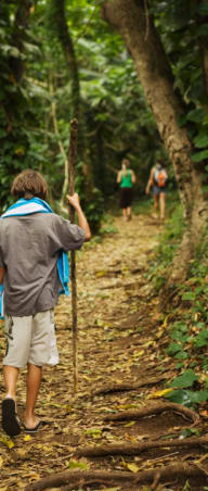 a boy walking on a trail in the woods