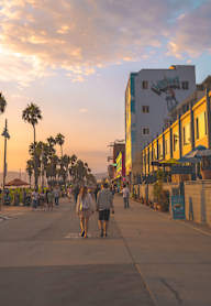 A couple walking down a sidewalk with palm trees in the background.