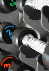 A close up of a set of dumbbells with numbered plates.