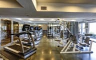 the gym with plenty of windows and cardio equipment at The Falls, Mission, KS, 66202