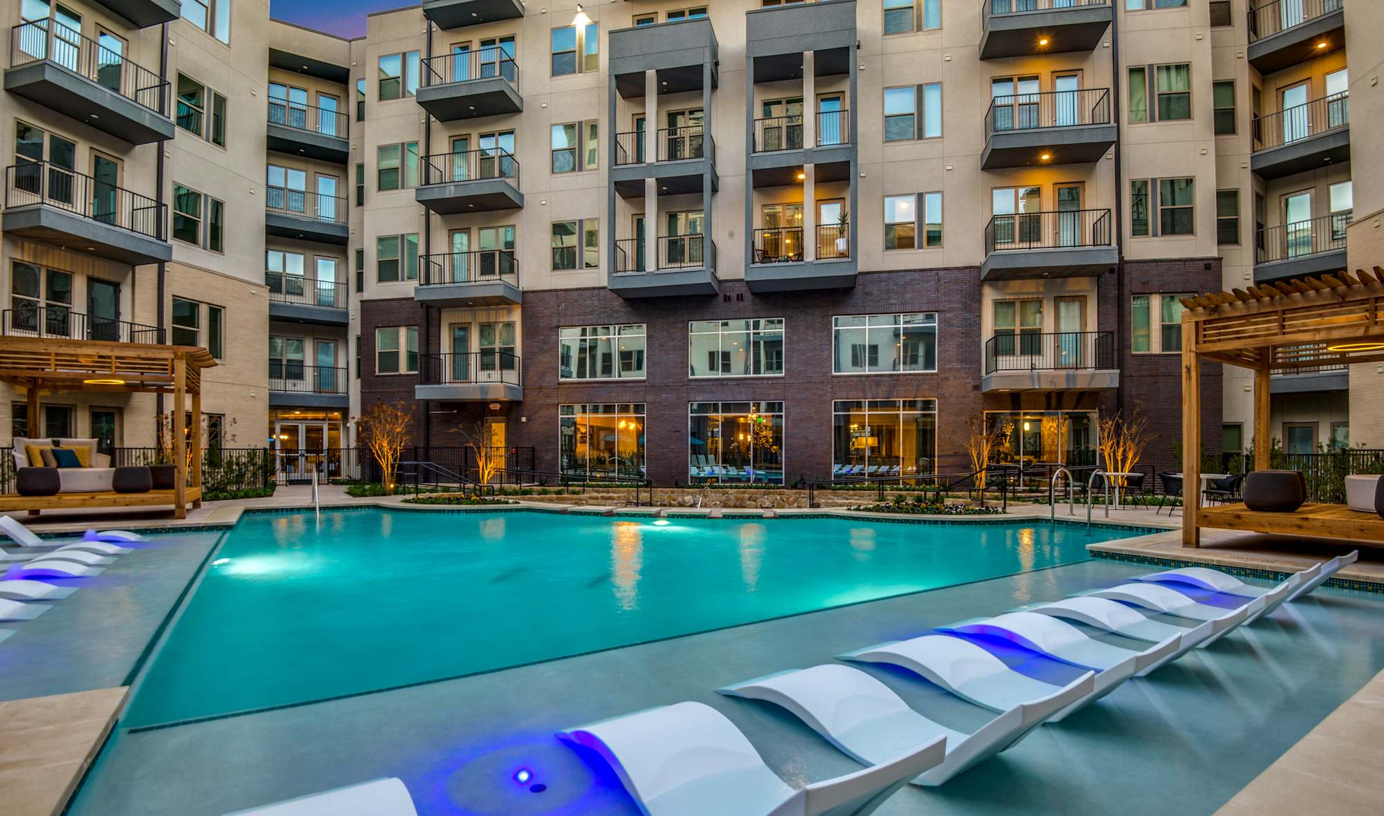 A Luxia apartment community at golden hour