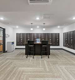 A room with a carpeted floor and a wall of black switches.