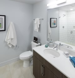 a bathroom with a large mirror and a toilet next to a sink