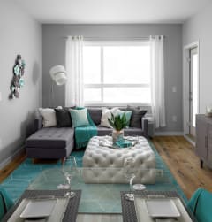 a living room with couches a coffee table and a television