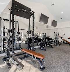 A gym with a variety of equipment including a squat rack, bench, and weights.