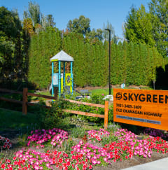 a garden with pink and purple flowers and a blue playground in the background