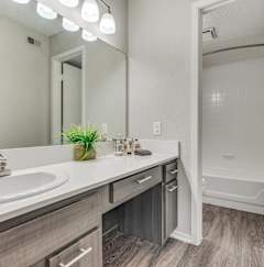 A bathroom with a white sink and a mirror above it.