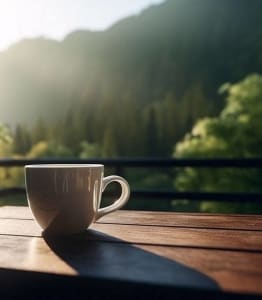 a cup of coffee sitting on a wooden table