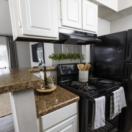 a kitchen with a black stove top oven next to a black refrigerator