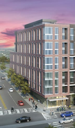 a rendering of a tall brick building on a city street
