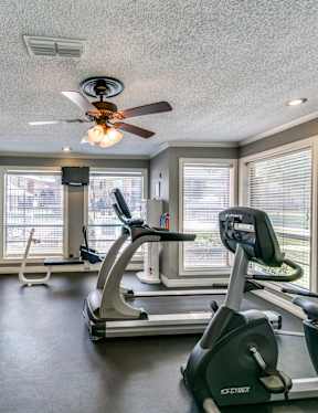 the gym has plenty of cardio equipment and a ceiling fan