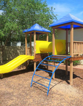 a playground with a yellow slide and a blue monkey bars