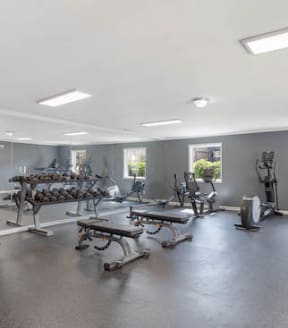 fitness center with strength and cardio equipment at The Onyx Hoover Apartments