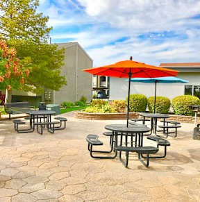 A patio with tables and chairs and an orange umbrella.