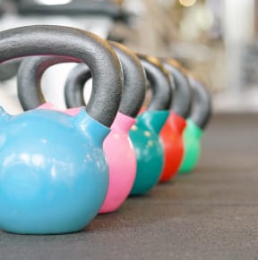a row of kettlebell weights in a gym