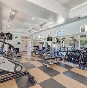 a gym with cardio equipment and weights on a checkered floor