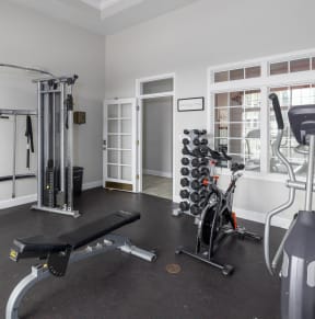 A gym with cardio and weight equipment