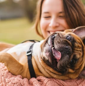 a woman holding a dog in her arms