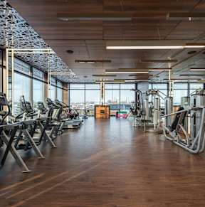 A gym with treadmills, elliptical machines and other cardio equipment.