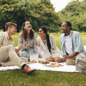 Four people having a picnic on a blanket in a park.