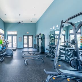 a fully equiped fitness room with cardio equipment and weights