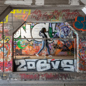 a woman walking on a sidewalk in front of a graffiti covered wall