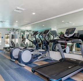 a gym with cardio equipment and weights in a building with glass doors