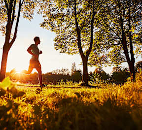 A person running in a field with trees and the sun setting in the background.